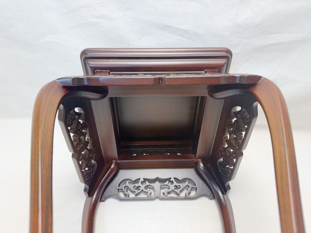 未使用 華道具 中国古美術 黒檀 唐木 透かし彫 猫足 高燭台 高卓 盆栽台紙箱