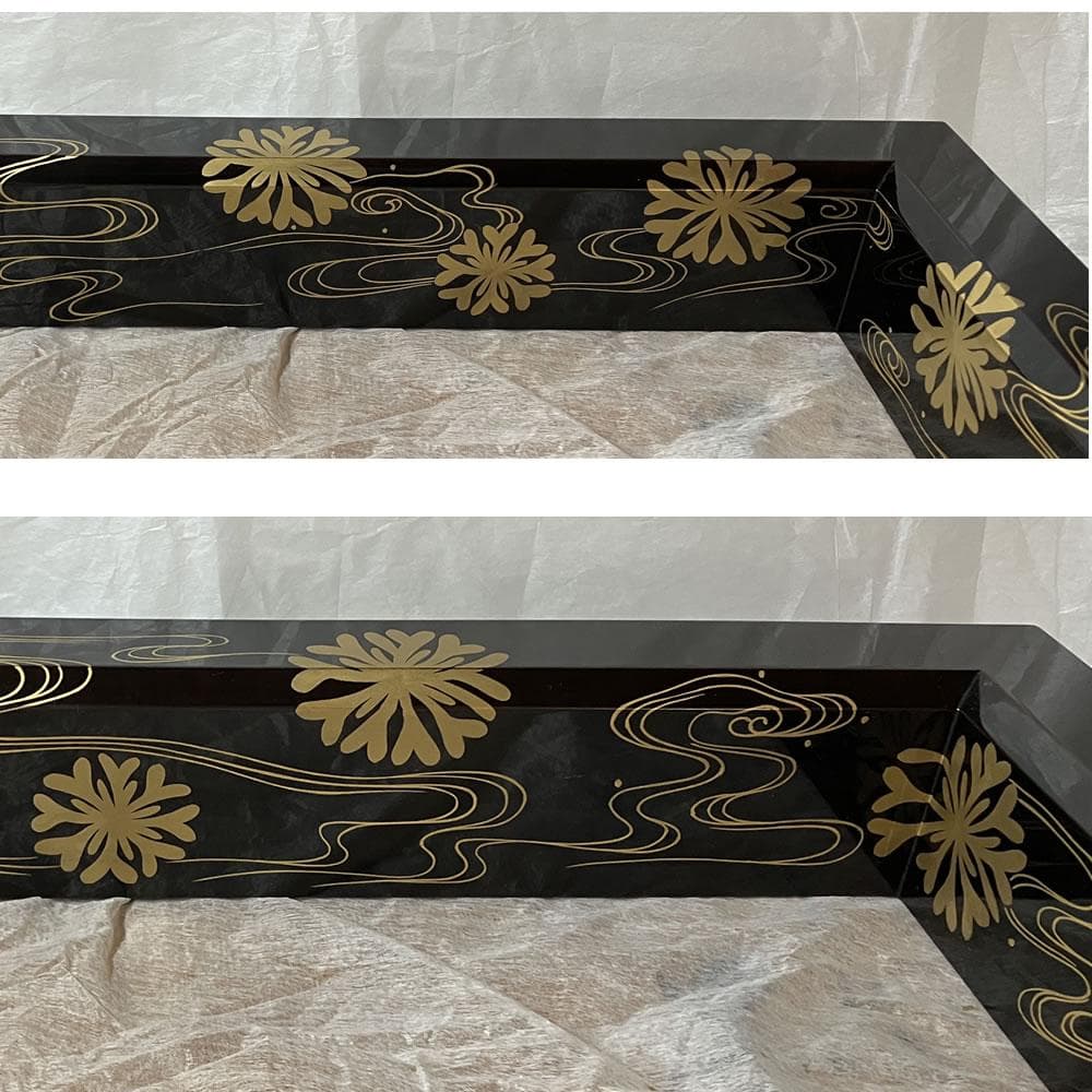 F1260 岡本陽斎 海松波蒔絵 黒塗 炉縁 共箱 茶道具