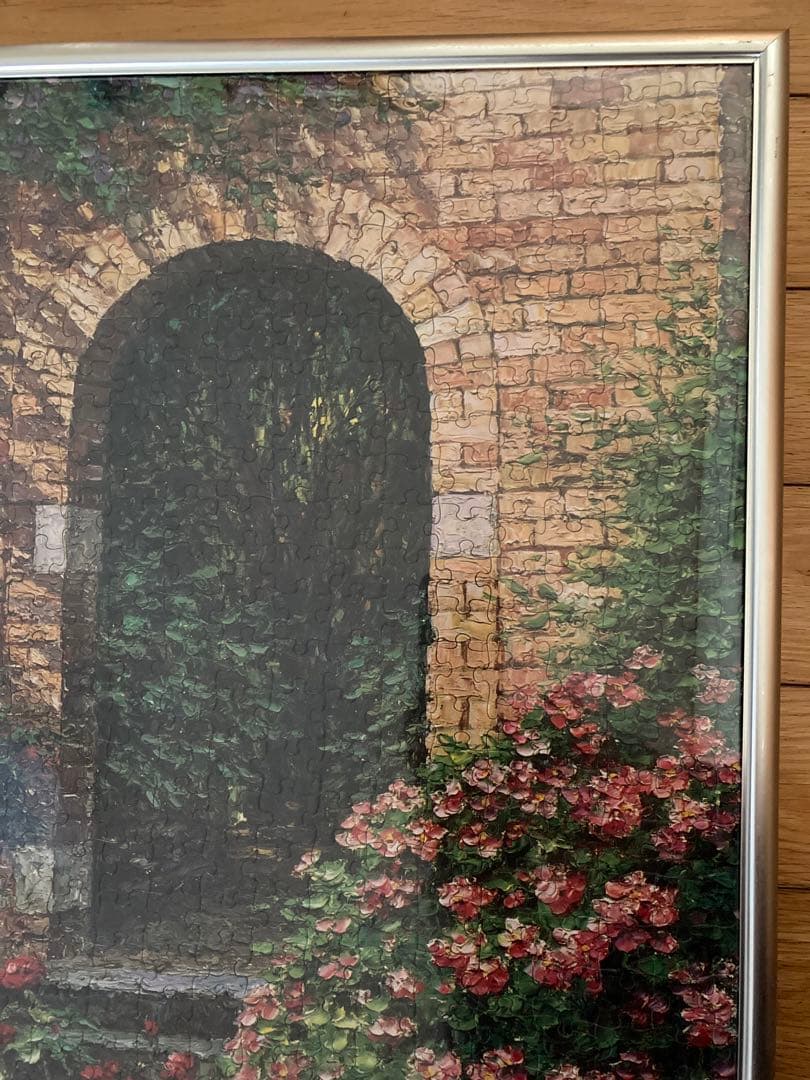 千P③花ガーデン階段口ジグソーパズル　アルミ額50×74㎝完成　油絵作名　極美品