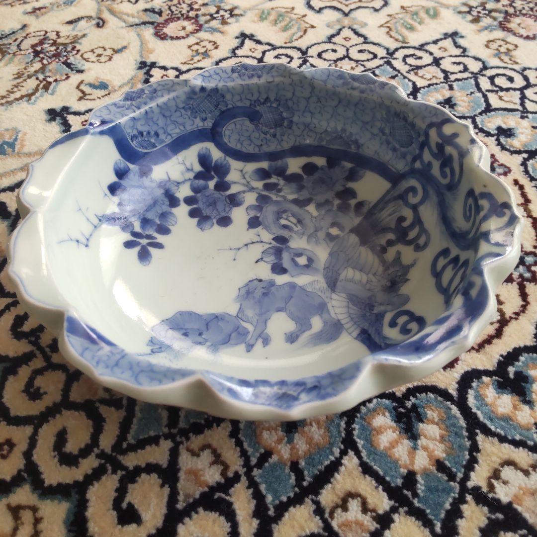 図変わり 洋犬 鉢 鳳凰 江戸期 染付 古伊万里 上手 アンティーク 茶船 茶盤