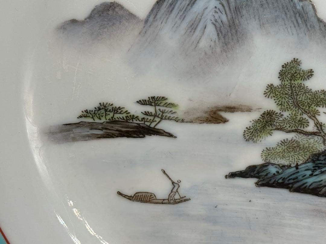 中国　1950ー1960年代　景徳鎮製　粉彩山水紋大皿小皿5点まとめ260104
