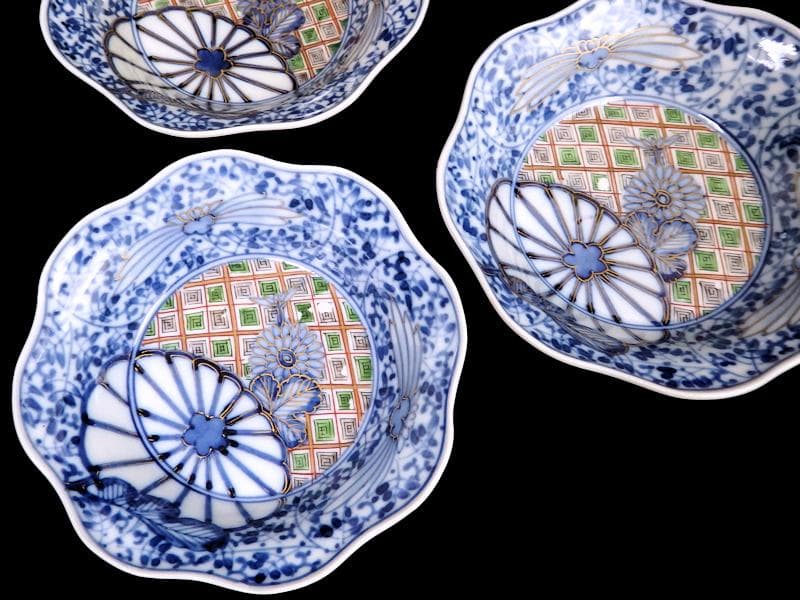 大聖寺伊万里　　微塵唐草に菊の図　小振輪花膾皿　４客　F498AS-fbvi