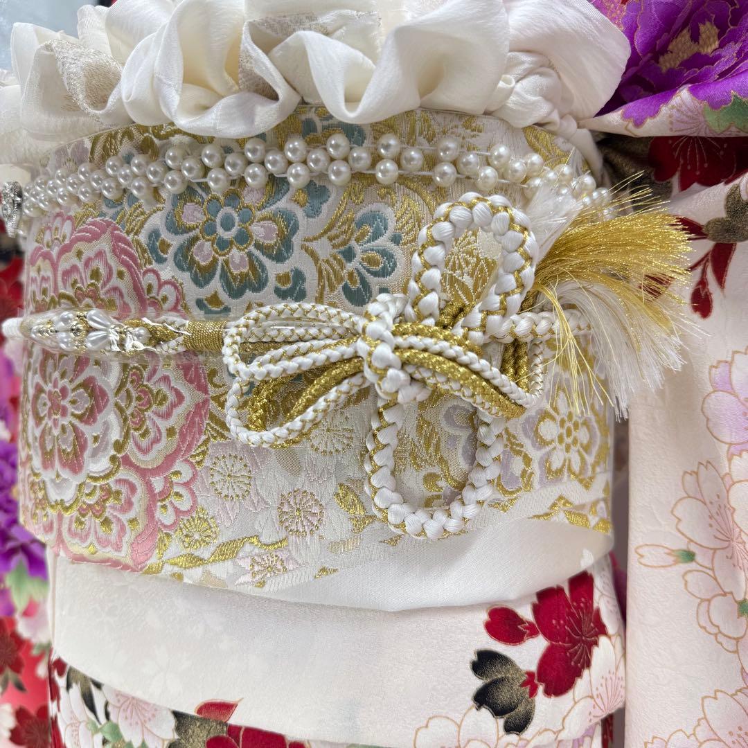 振袖8点フルセット　豪華絢爛 花丸文 桜 牡丹 刺繍 金彩　正絹　ショール付