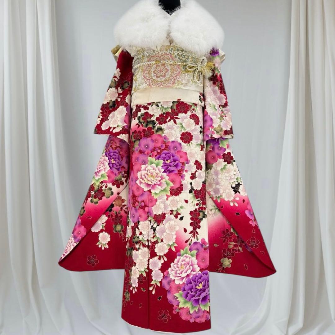 振袖8点フルセット　豪華絢爛 花丸文 桜 牡丹 刺繍 金彩　正絹　ショール付