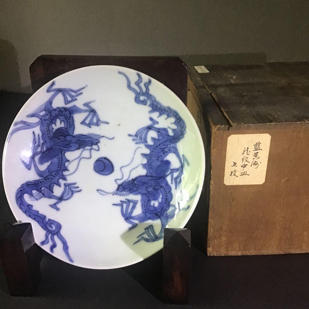 藍呉須　龍紋中皿5枚　清朝期　共箱