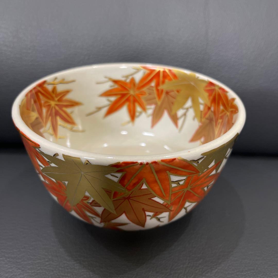 抹茶茶碗　色絵紅葉　膳所焼　陽炎園造