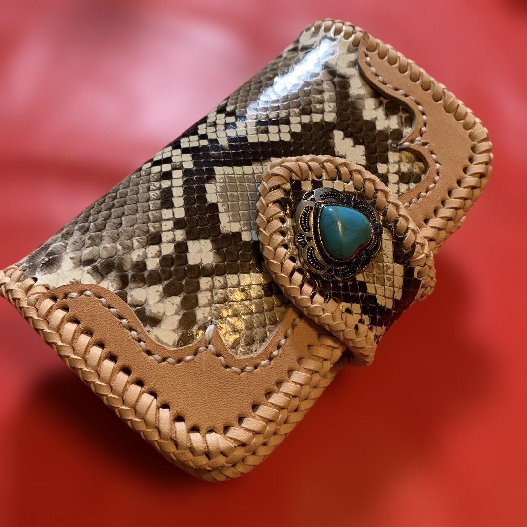 ハンドメイドレザークラフトダイヤモンドパイソンミドルウォレットヌメ革牛レース編み