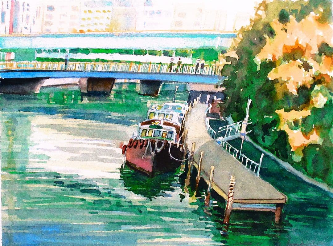 水彩画 船と桟橋の風景額装済み原画