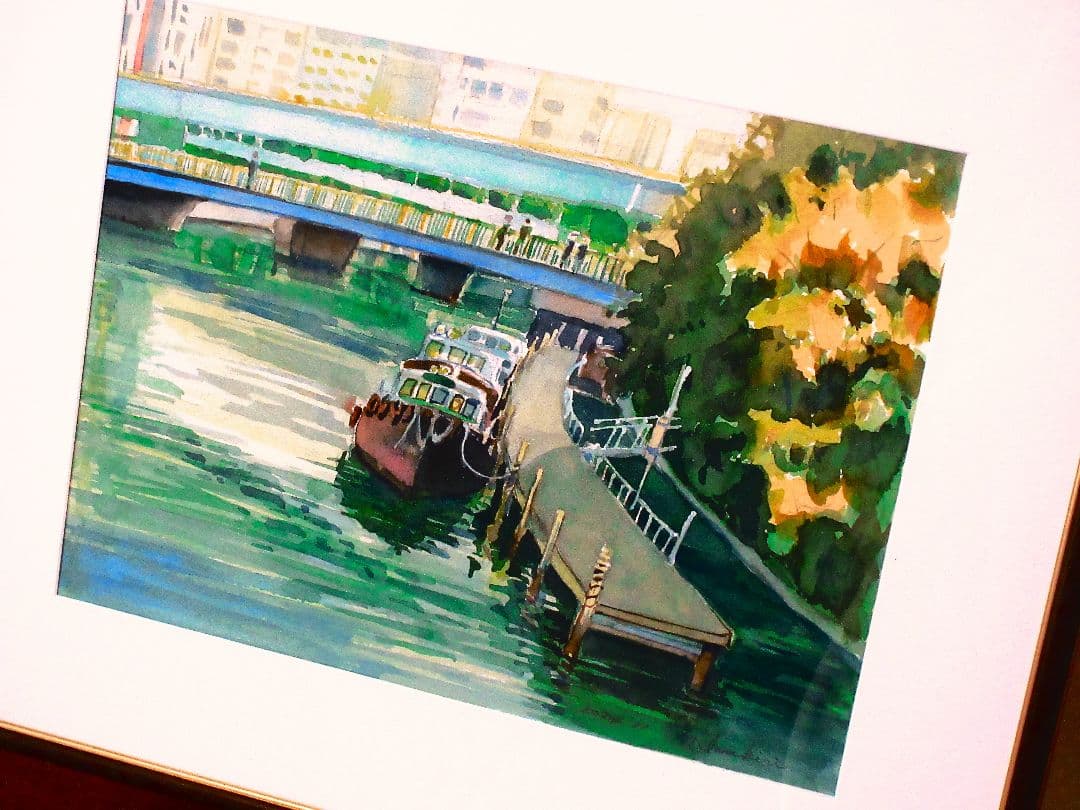 水彩画 船と桟橋の風景額装済み原画