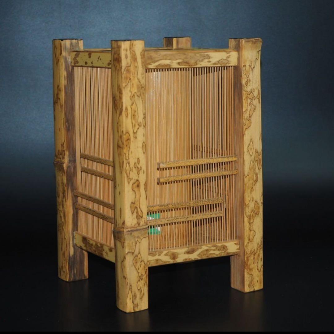 送料無料　竹細工　斑竹胡麻竹使用　四角花入れ　高24ｃｍ★希少★