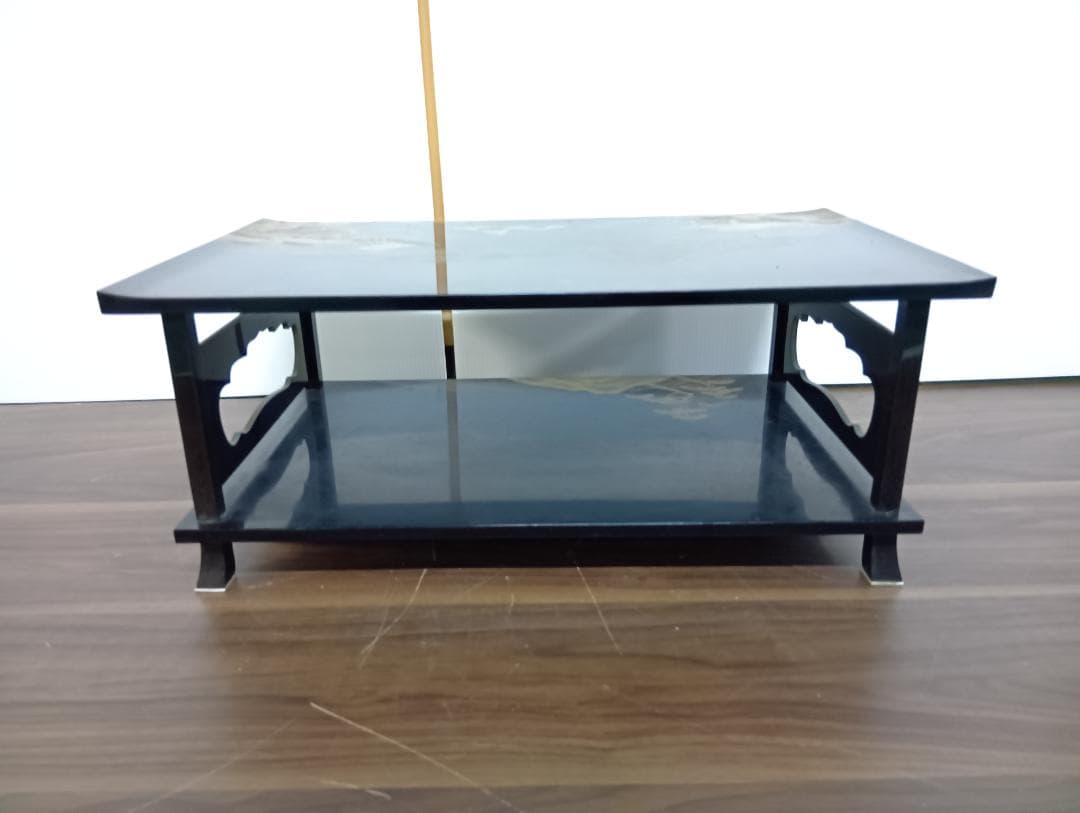 輪島塗 蒔絵師 久世宗春 山水金蒔絵 冠卓 二段卓 花台 黒塗 共箱