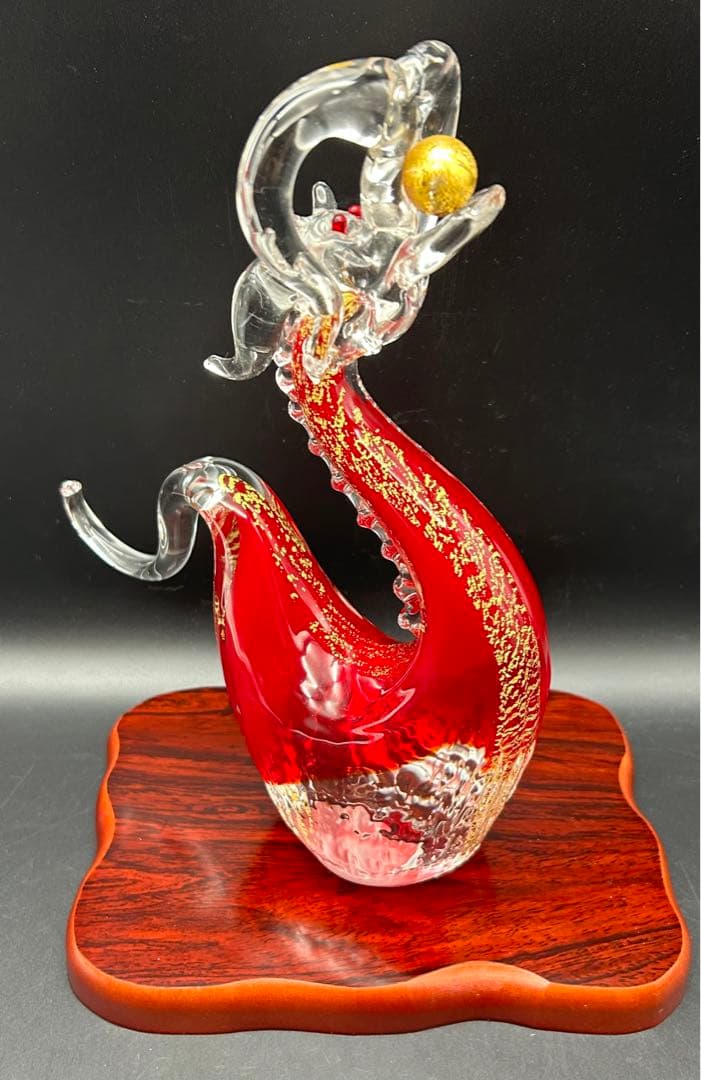 【希少】紅龍 博多びーどろ粋工房 安部朝和作 ガラス 置物 龍 干支 びーどろ