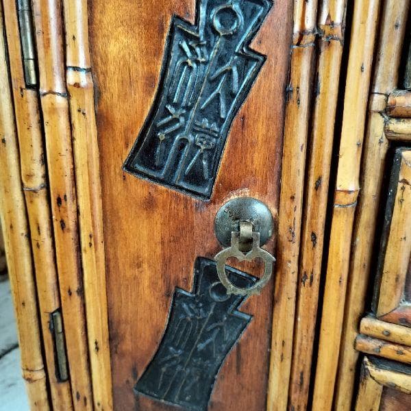 斑竹細工 煎茶棚 小箪笥 抽斗 引出 飾棚 花台 木製 漢詩金具 古美術品