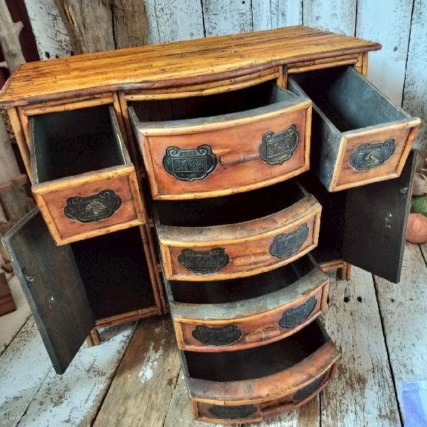 斑竹細工 煎茶棚 小箪笥 抽斗 引出 飾棚 花台 木製 漢詩金具 古美術品