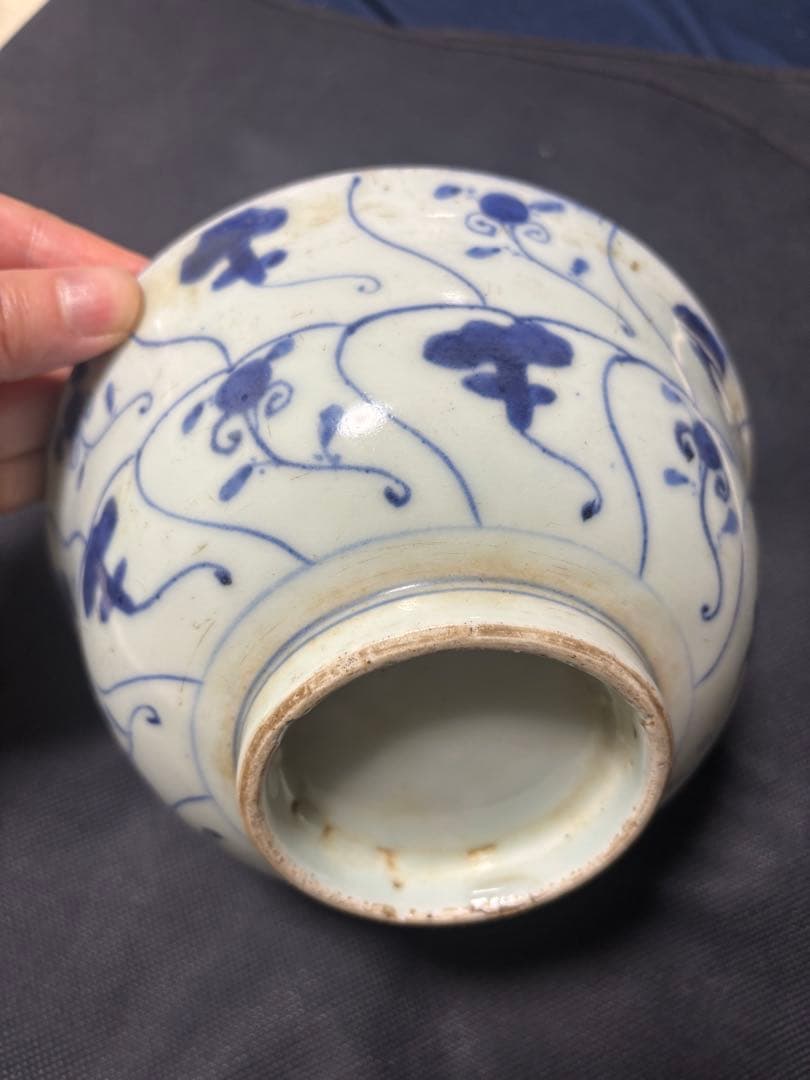 中国古美術品　清の中期　青花　染付 霊芝文大碗 鉢 18cm