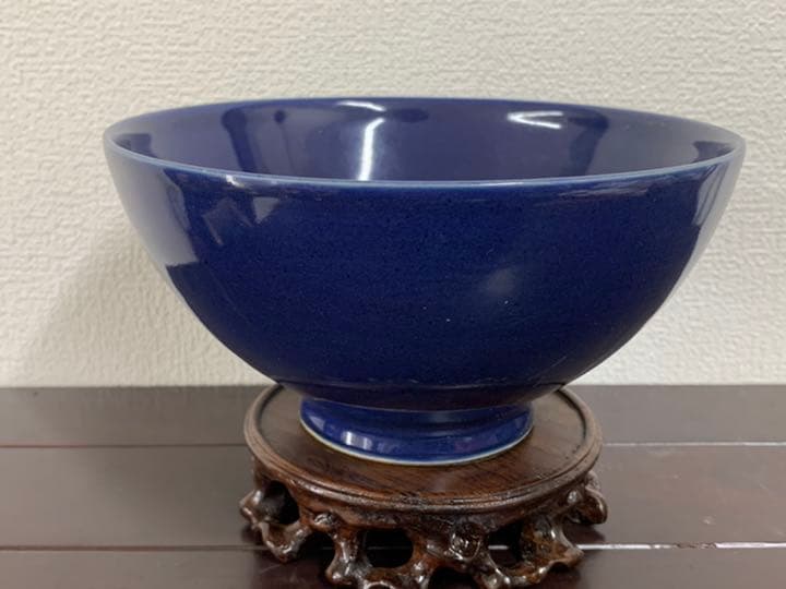 中国古美術　清時代霁蓝釉茶碗 XG3-2