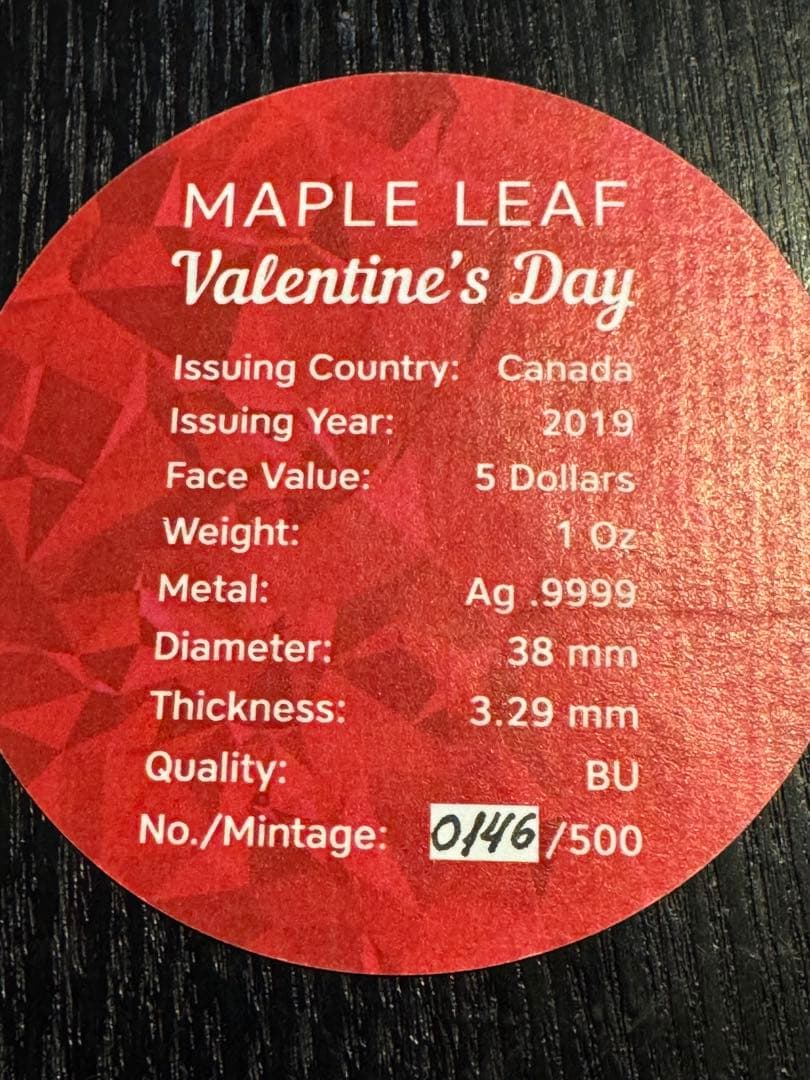 【世界500枚限定】2019 カナダ メイプルリーフ バレンタイン銀貨 1oz