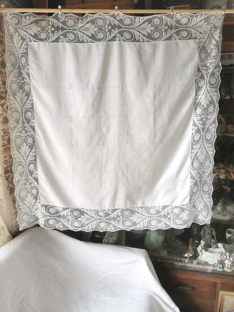 アンティーク 滑らかな細番手リネン フィレレース＆格子ドローンワーク 刺繍クロス