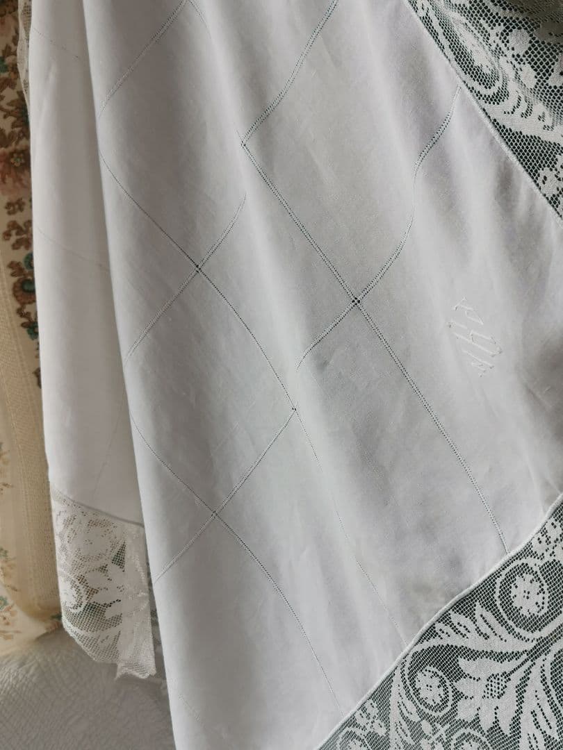 アンティーク 滑らかな細番手リネン フィレレース＆格子ドローンワーク 刺繍クロス