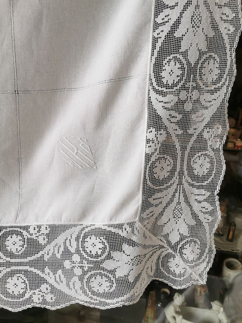 アンティーク 滑らかな細番手リネン フィレレース＆格子ドローンワーク 刺繍クロス