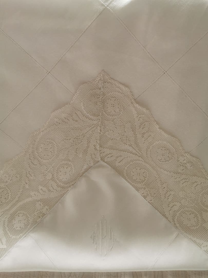 アンティーク 滑らかな細番手リネン フィレレース＆格子ドローンワーク 刺繍クロス