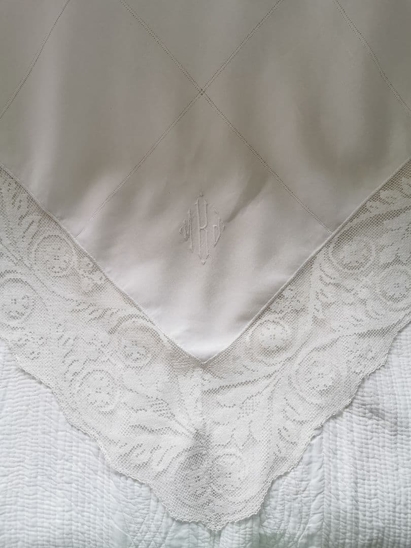 アンティーク 滑らかな細番手リネン フィレレース＆格子ドローンワーク 刺繍クロス