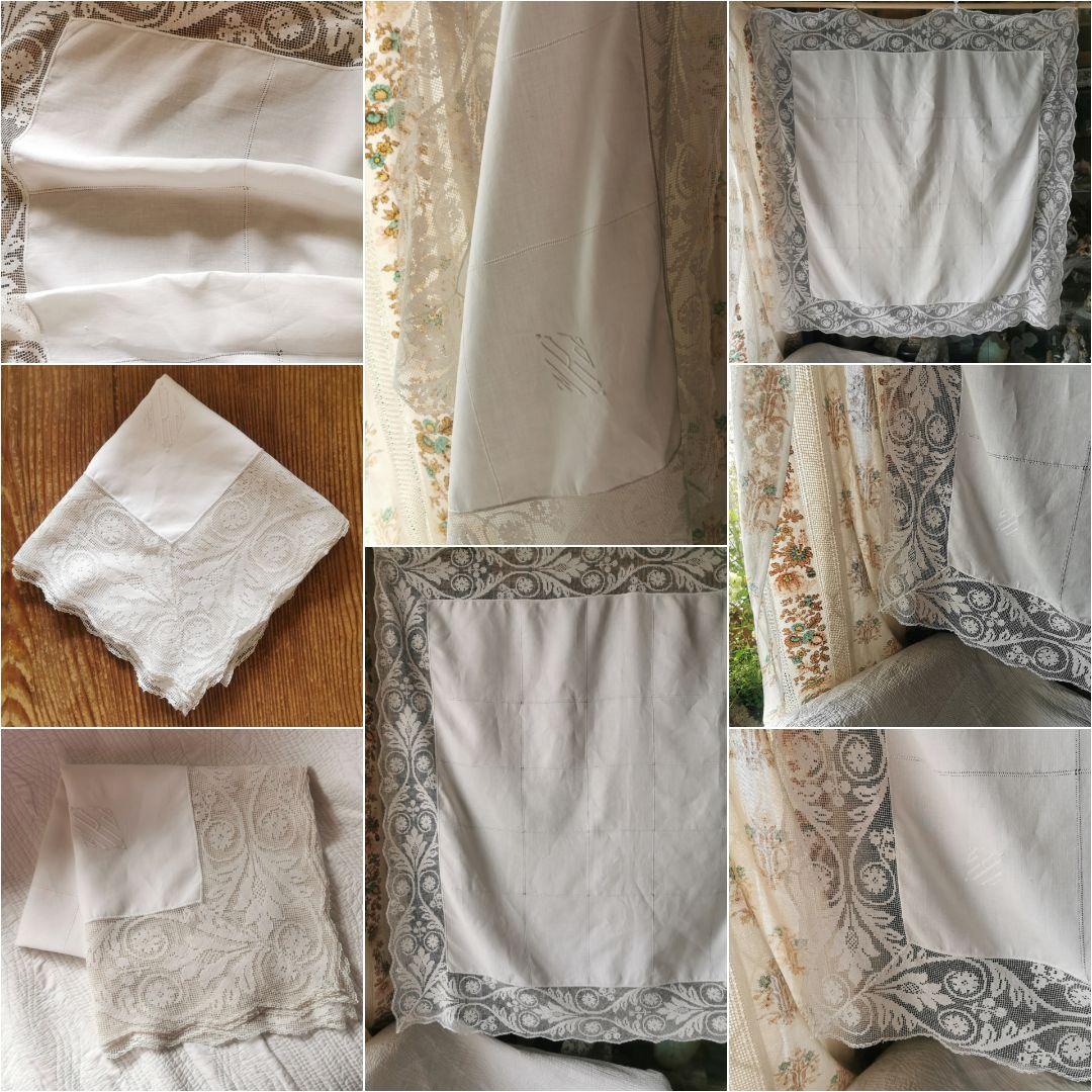 アンティーク 滑らかな細番手リネン フィレレース＆格子ドローンワーク 刺繍クロス