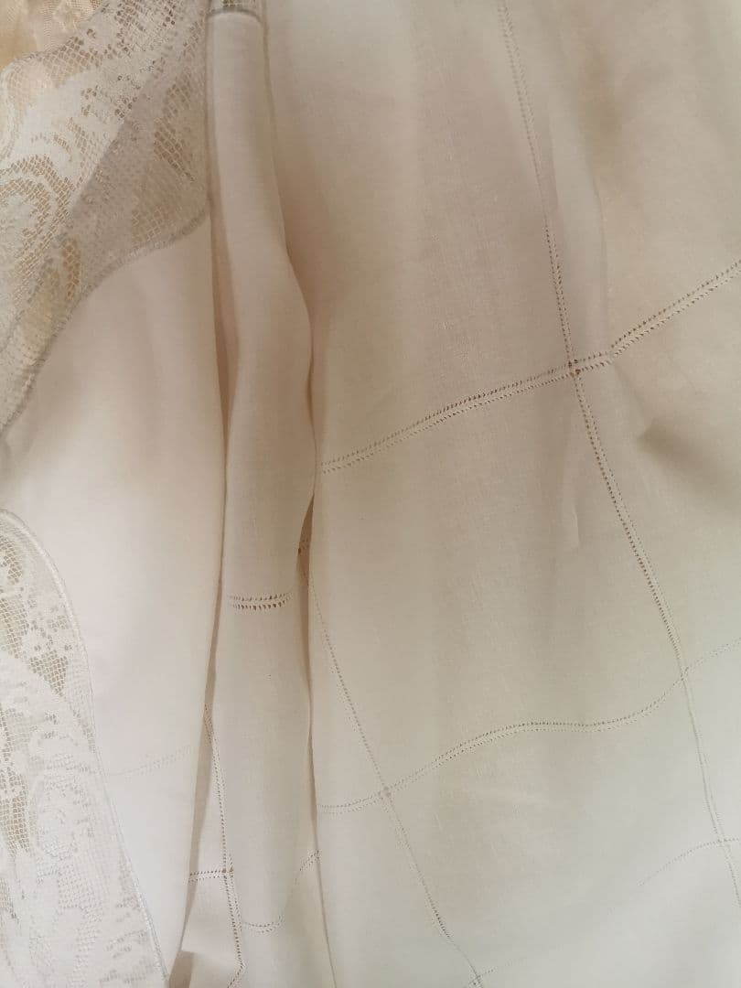 アンティーク 滑らかな細番手リネン フィレレース＆格子ドローンワーク 刺繍クロス