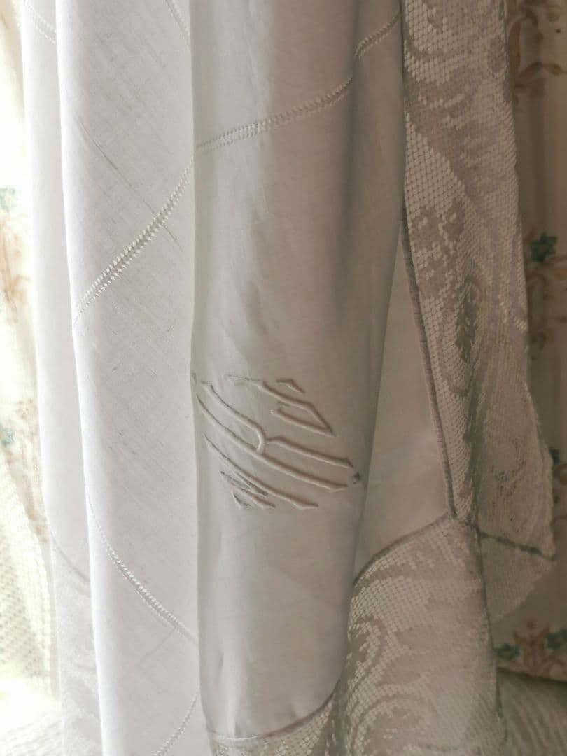 アンティーク 滑らかな細番手リネン フィレレース＆格子ドローンワーク 刺繍クロス