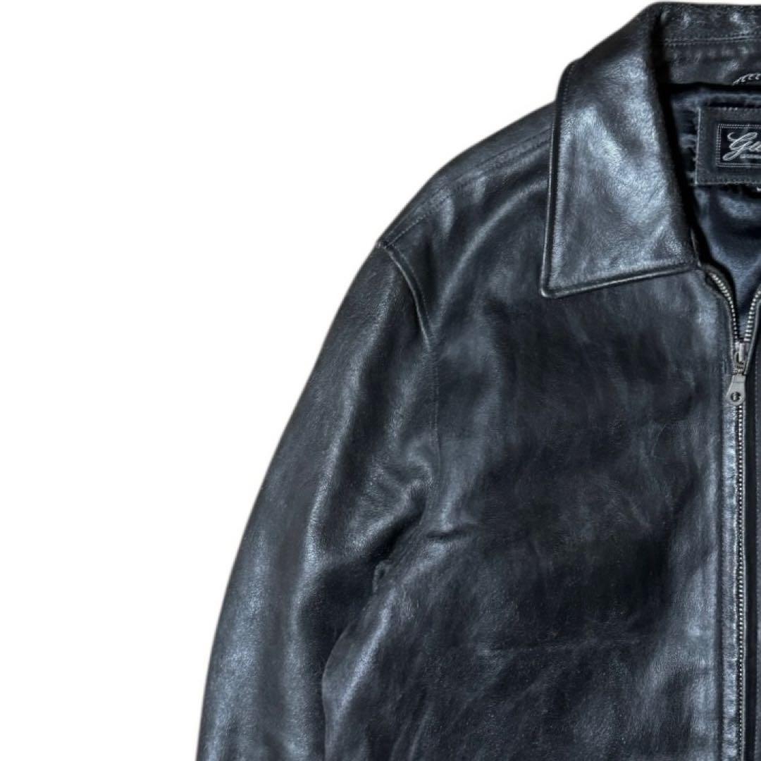 雰囲気抜群 GUESS 本革 襟付き レザージャケット ブラック Mサイズ