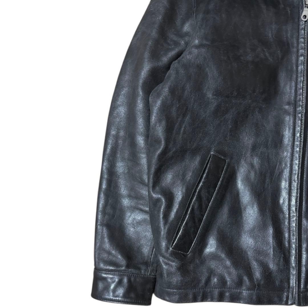 雰囲気抜群 GUESS 本革 襟付き レザージャケット ブラック Mサイズ