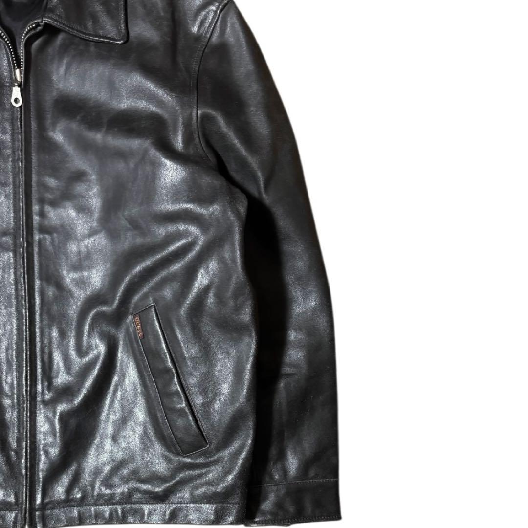 雰囲気抜群 GUESS 本革 襟付き レザージャケット ブラック Mサイズ