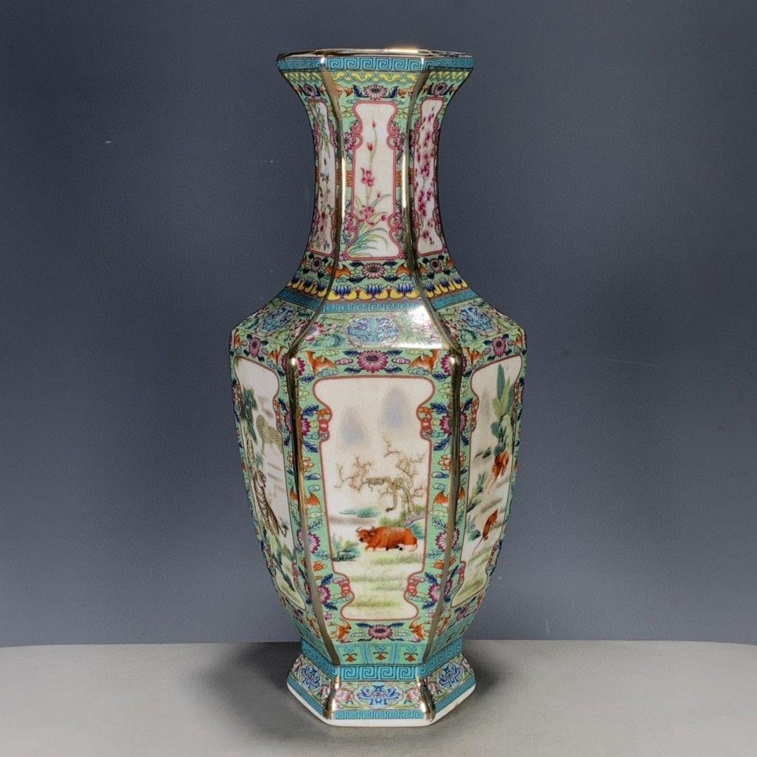 パステルとエナメル花動物六角花瓶 景徳鎮 陶磁器 装飾品 工芸品 美術品 置物