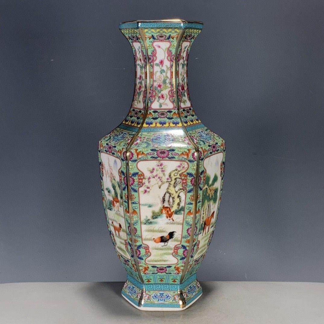 パステルとエナメル花動物六角花瓶 景徳鎮 陶磁器 装飾品 工芸品 美術品 置物