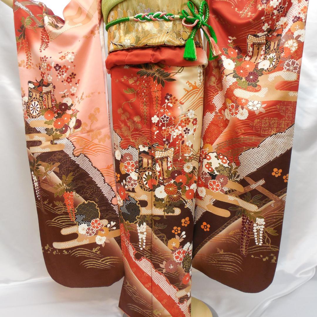 訳あり特価★振袖フルセット　正絹　成人式　振袖　7点　M～Ｌサイズ　赤　古典柄
