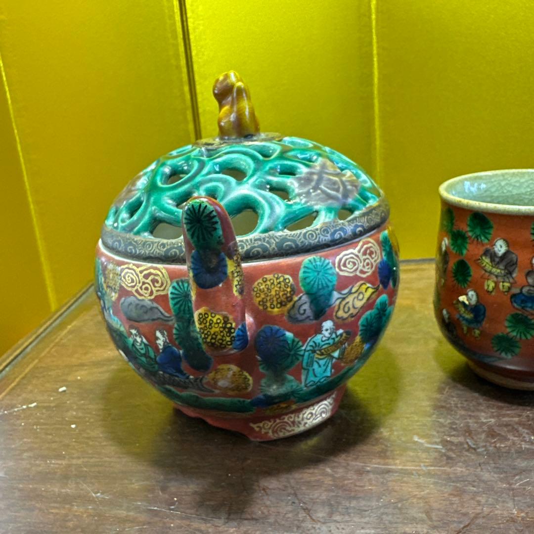 香炉，湯呑み，九谷焼，九谷木米，3点