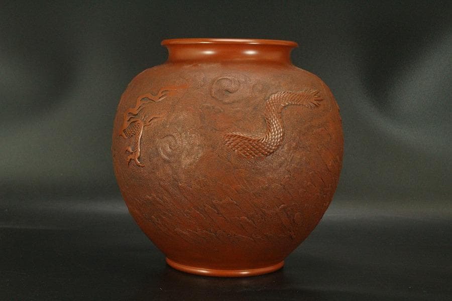 古美術 朱泥 雲龍紋 丸壷 在印 美品(BB507)