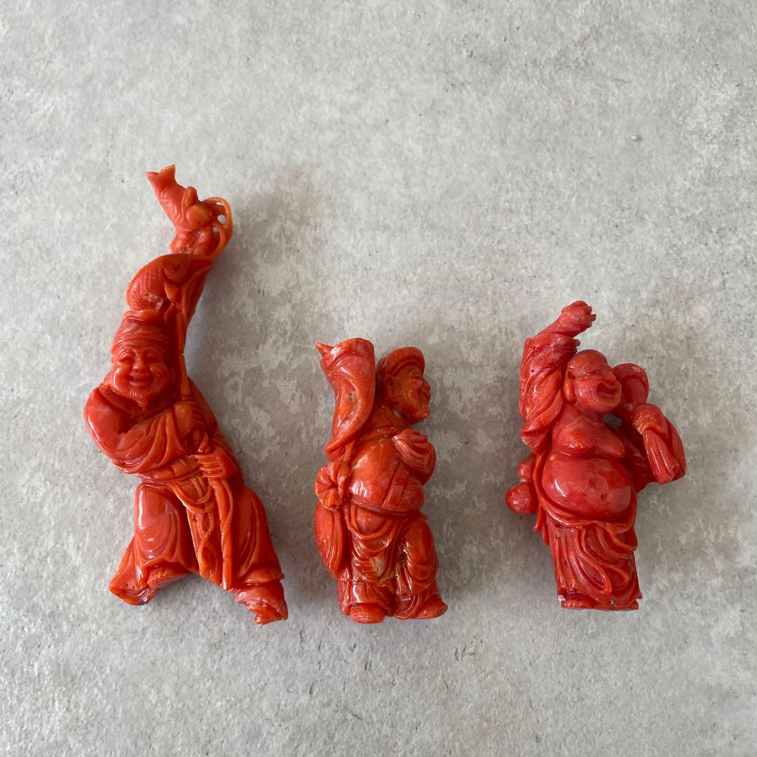 【希少】天然桃珊瑚の彫刻置物 七福神 3体セット
