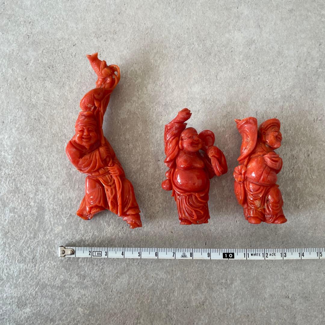 【希少】天然桃珊瑚の彫刻置物 七福神 3体セット