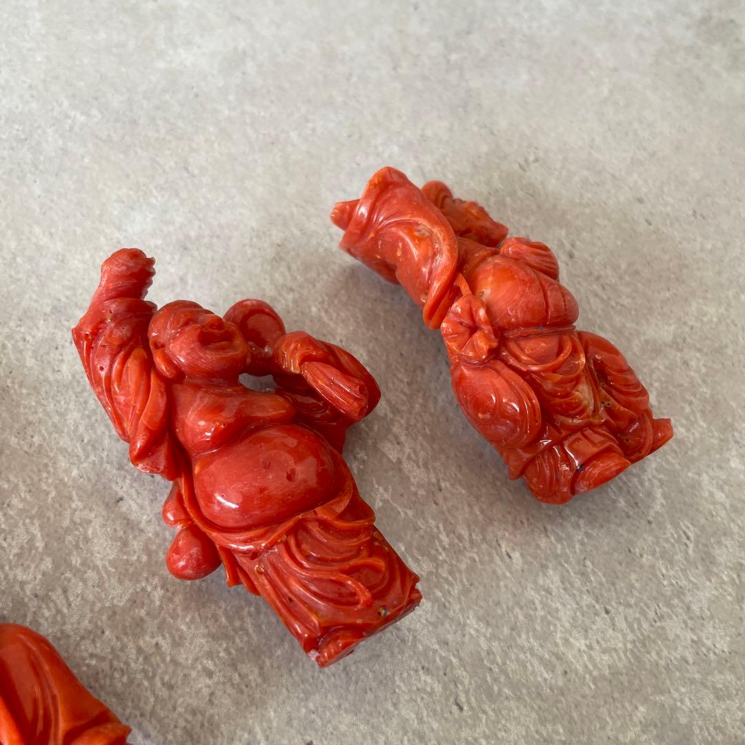 【希少】天然桃珊瑚の彫刻置物 七福神 3体セット