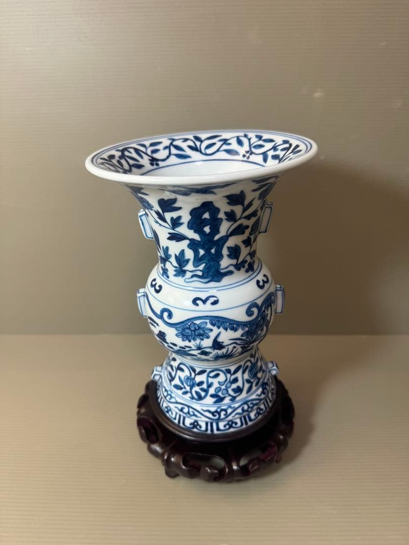 2903 中国骨董　大明萬暦年製銘　染付唐草青花　花瓶　花台付　時代物