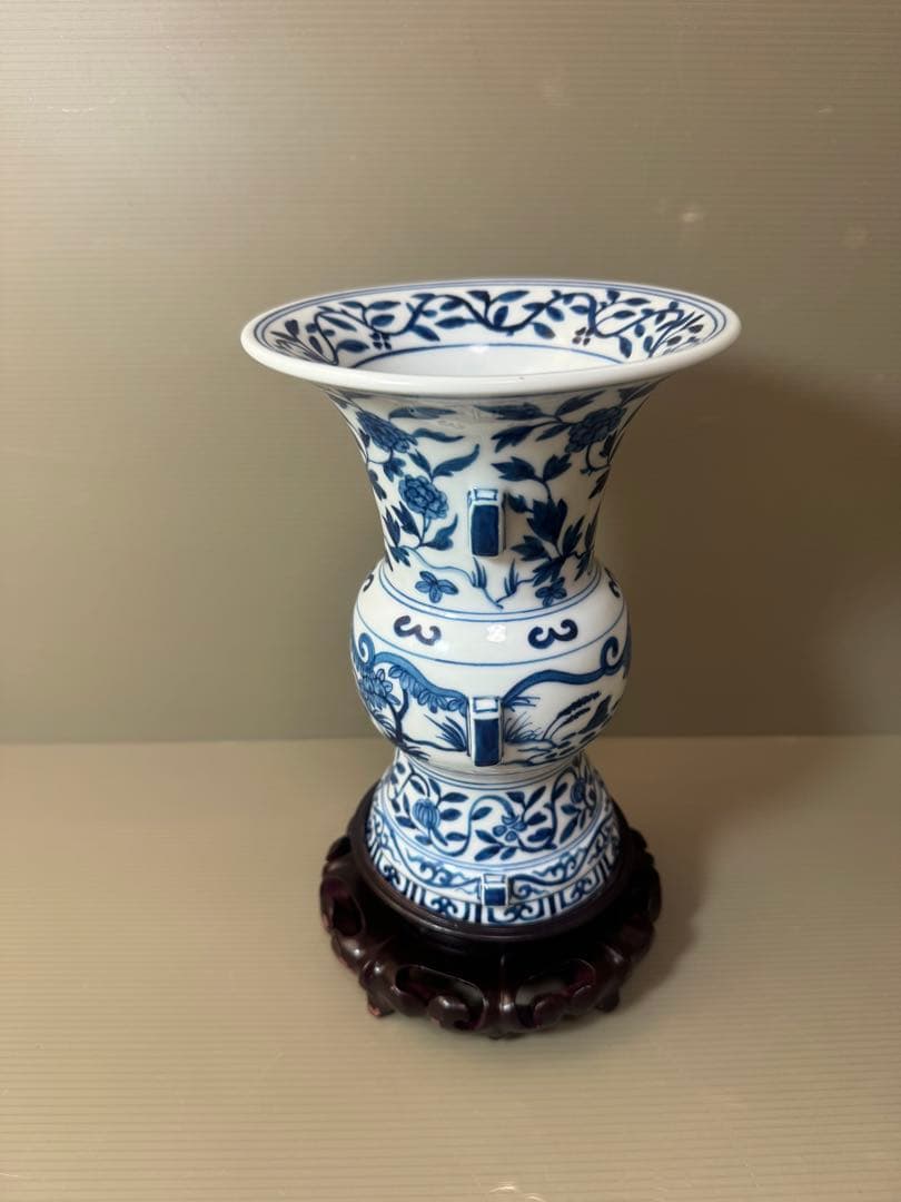 2903 中国骨董　大明萬暦年製銘　染付唐草青花　花瓶　花台付　時代物