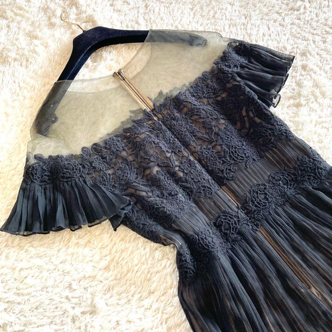 タダシショージ フラワー刺繍 シフォンプリーツワンピース カクテルドレス 黒