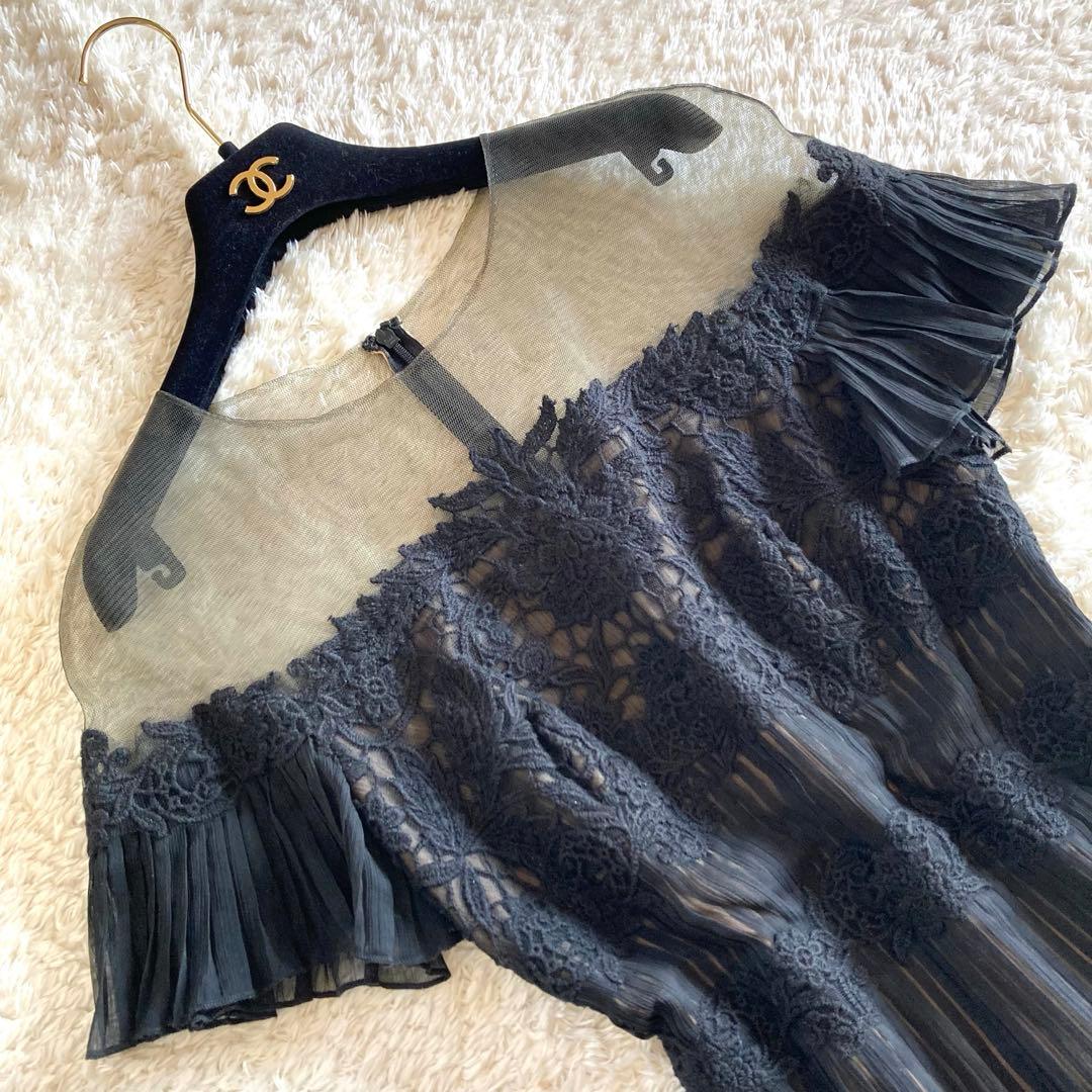 タダシショージ フラワー刺繍 シフォンプリーツワンピース カクテルドレス 黒