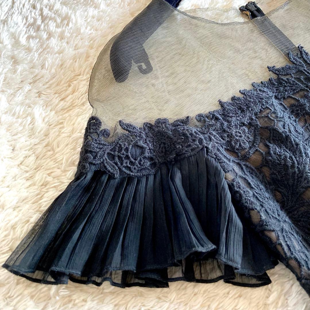 タダシショージ フラワー刺繍 シフォンプリーツワンピース カクテルドレス 黒