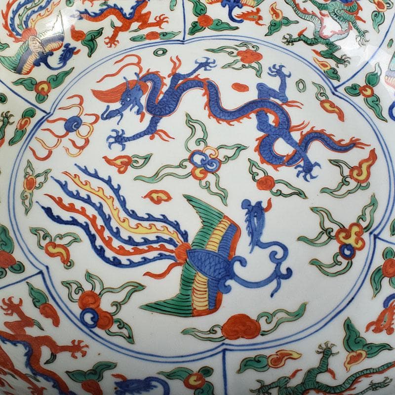 中国　大明萬暦年製　五彩龍鳳凰文　輪花鉢　大皿　直径約40㎝　V　R7860C