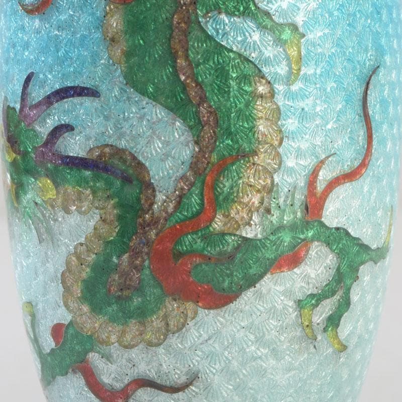 中国　古七宝琺瑯彩　龍文瓶　唐木台　時代箱付　V　9724