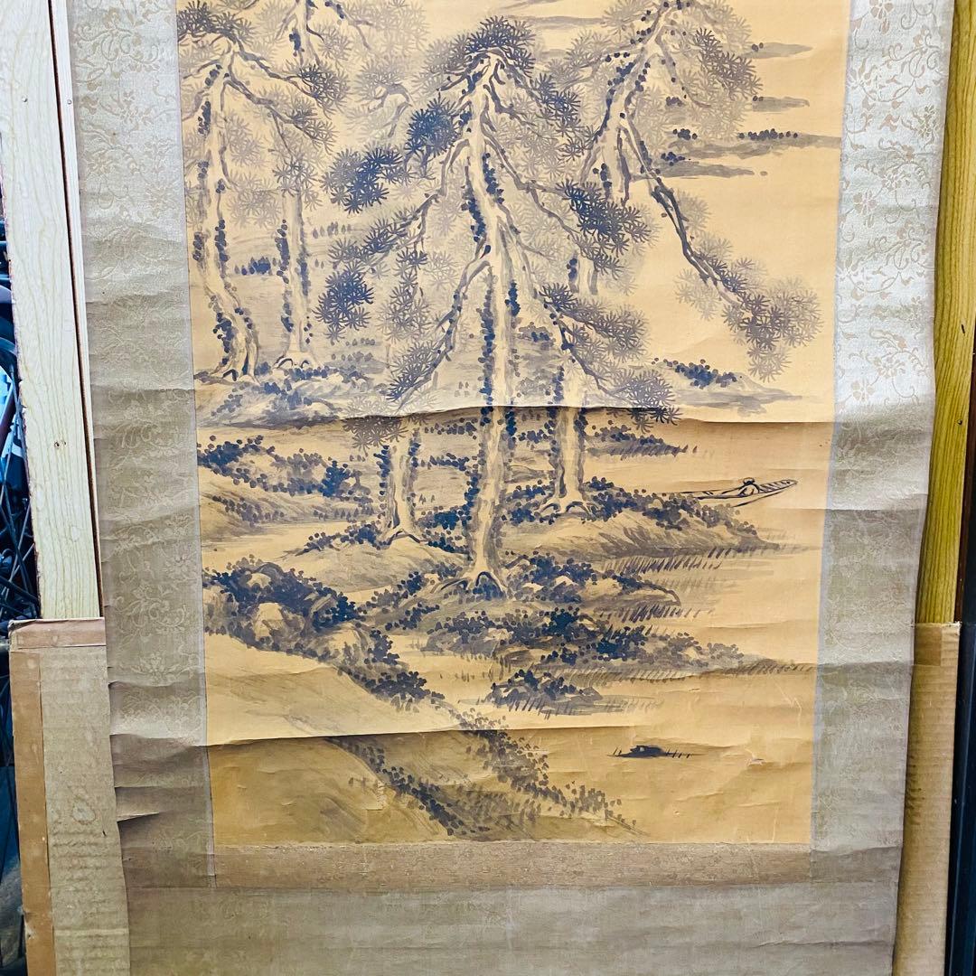 春翠筆　墨山水図　掛軸　絹本