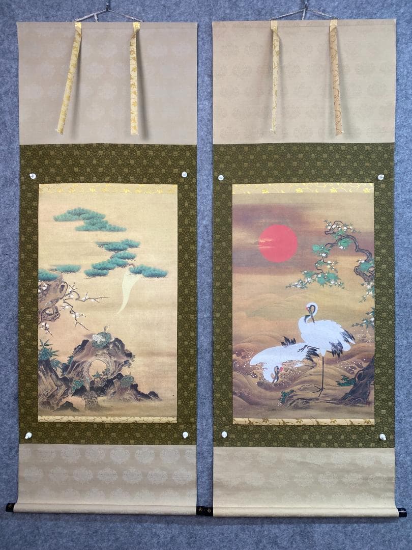 狩野房信【複製】鶴亀図 双幅 美品 共箱 二重箱 山下狩野の最後の当主 掛軸