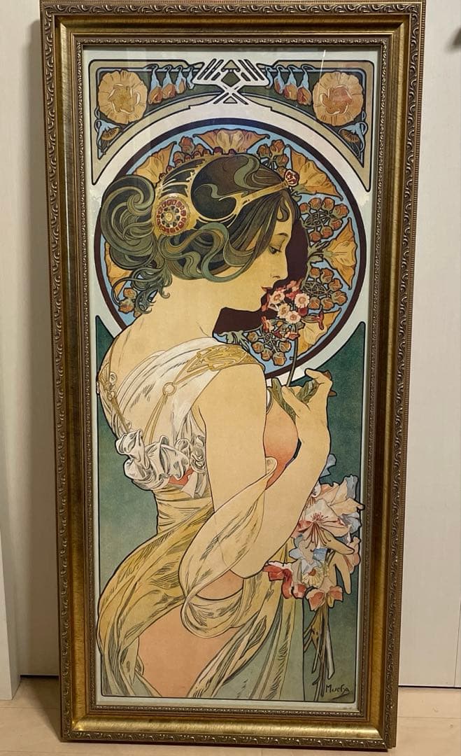 ミュシャ 桜草 豪華額装&大型 48cm x 100cm